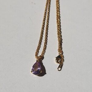 Amethyst Purple Pear Cut Pendant Necklace Gold Tone Rope Chain
